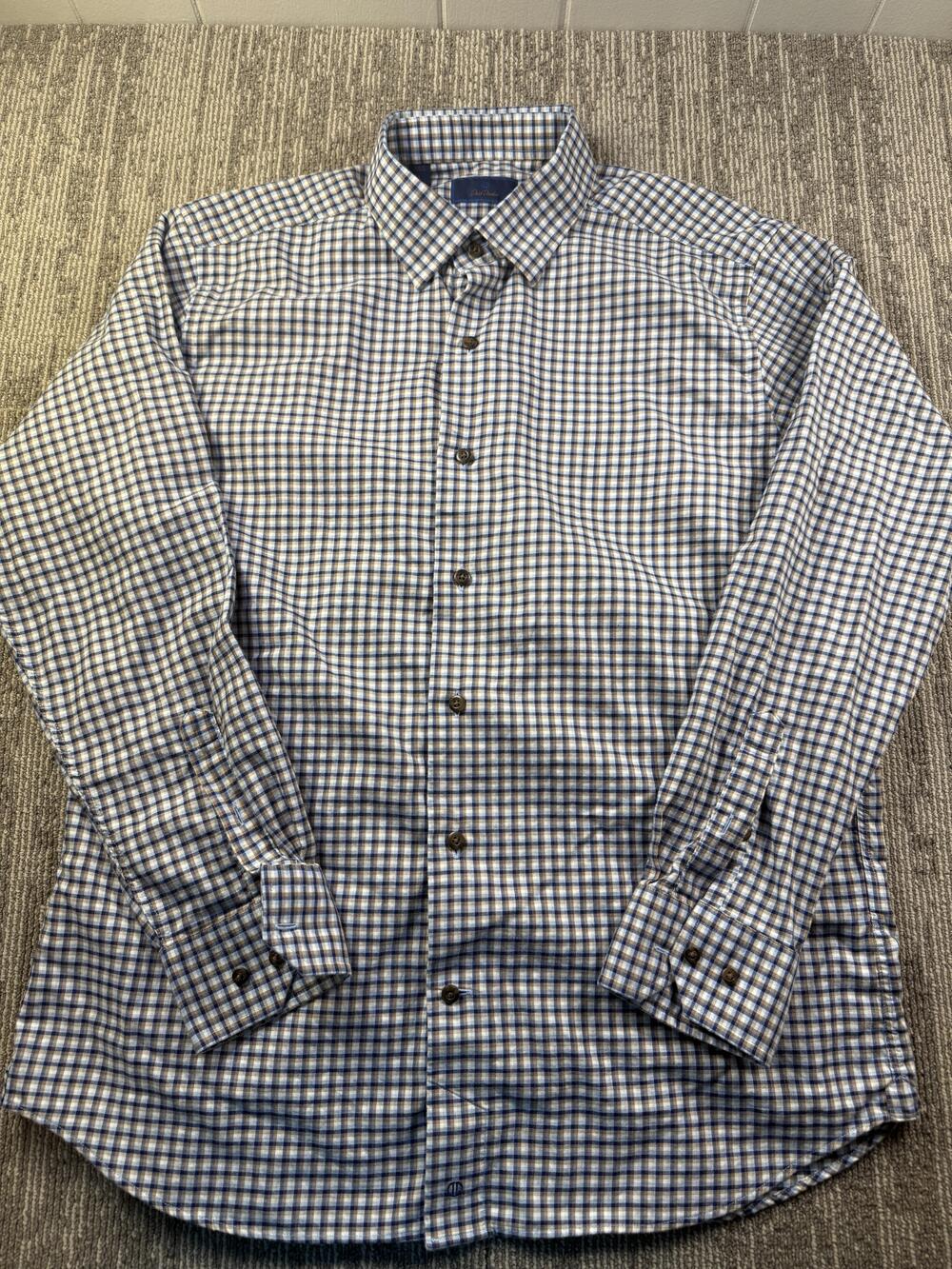 David Donahue Shirt Mens Large Blue Brown Plaid Flannel Long Sleeve Button-Down